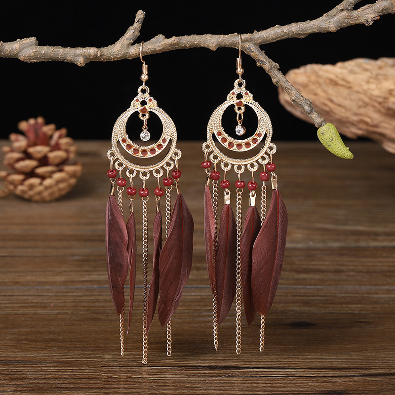 fashion long feather water drop long bohemian tassel earrings wholesale