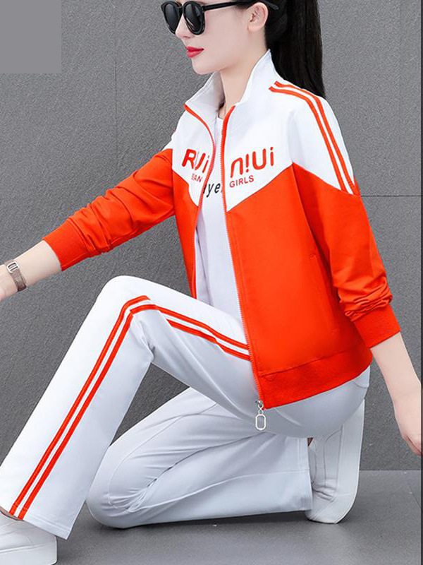 撞色休闲运动套装女2025年新款时尚减龄宽松跑步服广场舞三件套|undefined