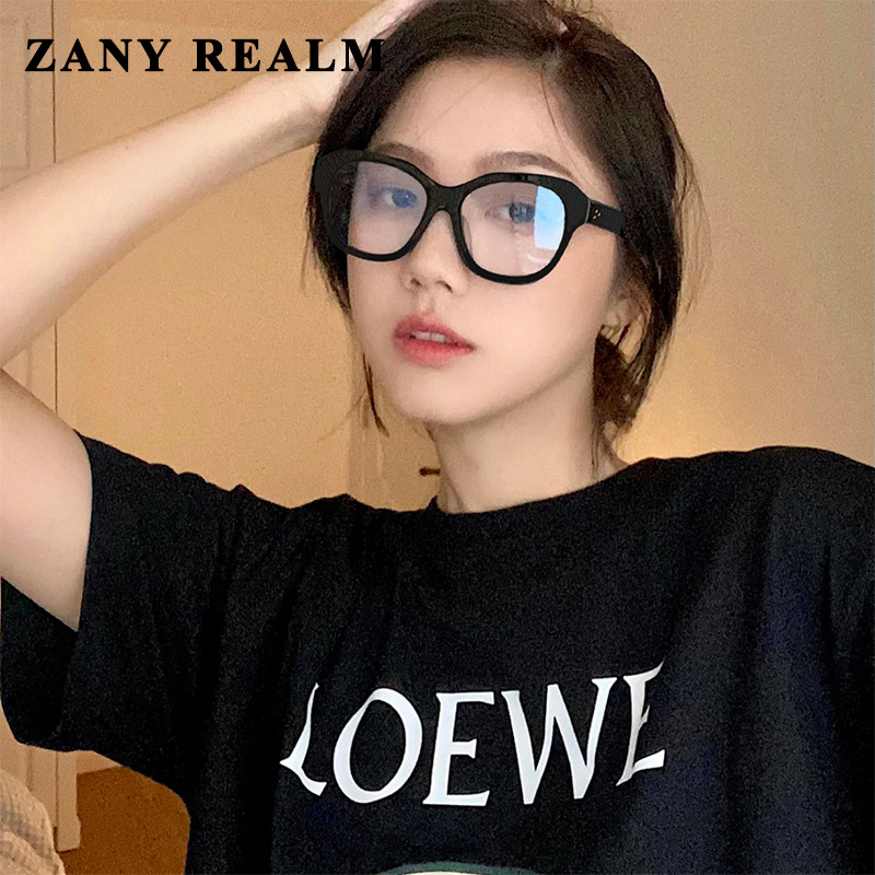 Nuevo estilo coreano retro ojo de gato marco grande anti-azul gafas de luz cara redonda versátil beige uñas marco negro gafas de Marco liso fabricante