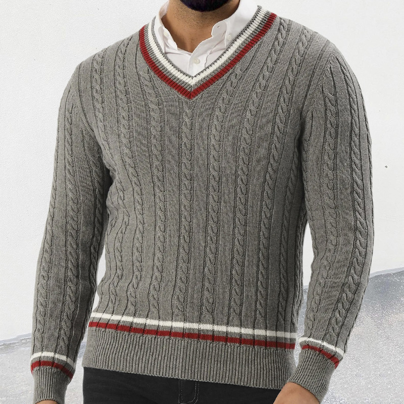 Pull à col en V et manches longues pour homme, couleur assortie, pull slim en tricot_voghion.com