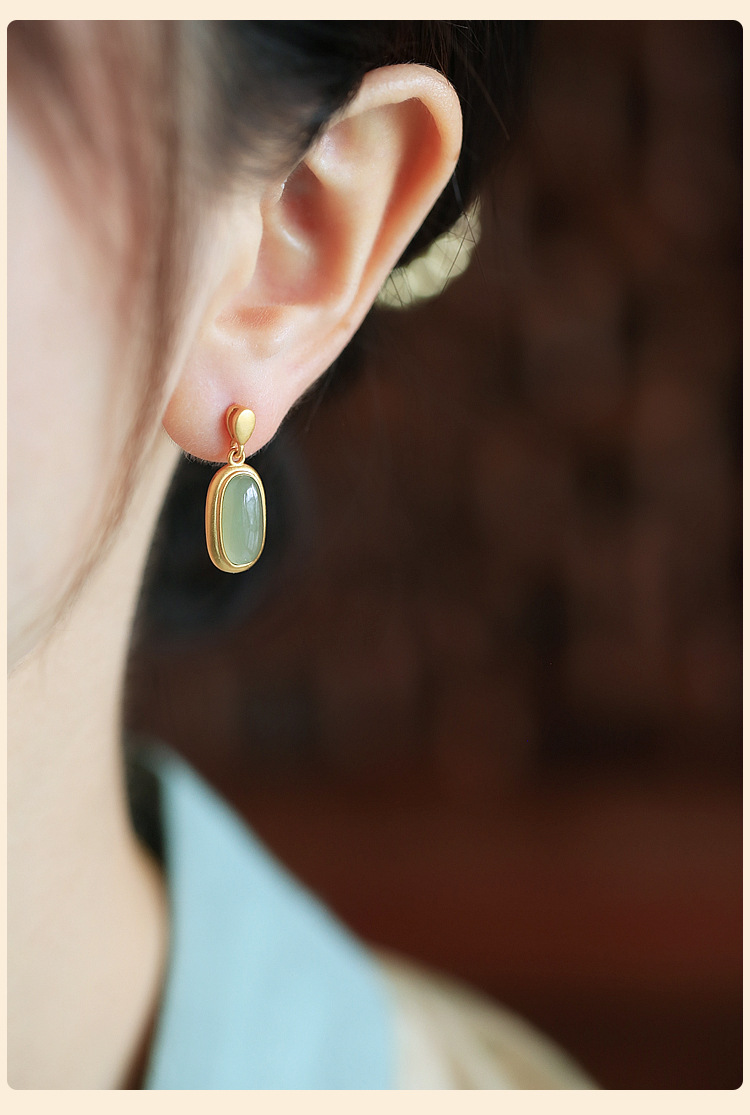10g Weight Jade Inlay Material 1 Pair Retro Oval Copper Inlay Jade Drop Earrings