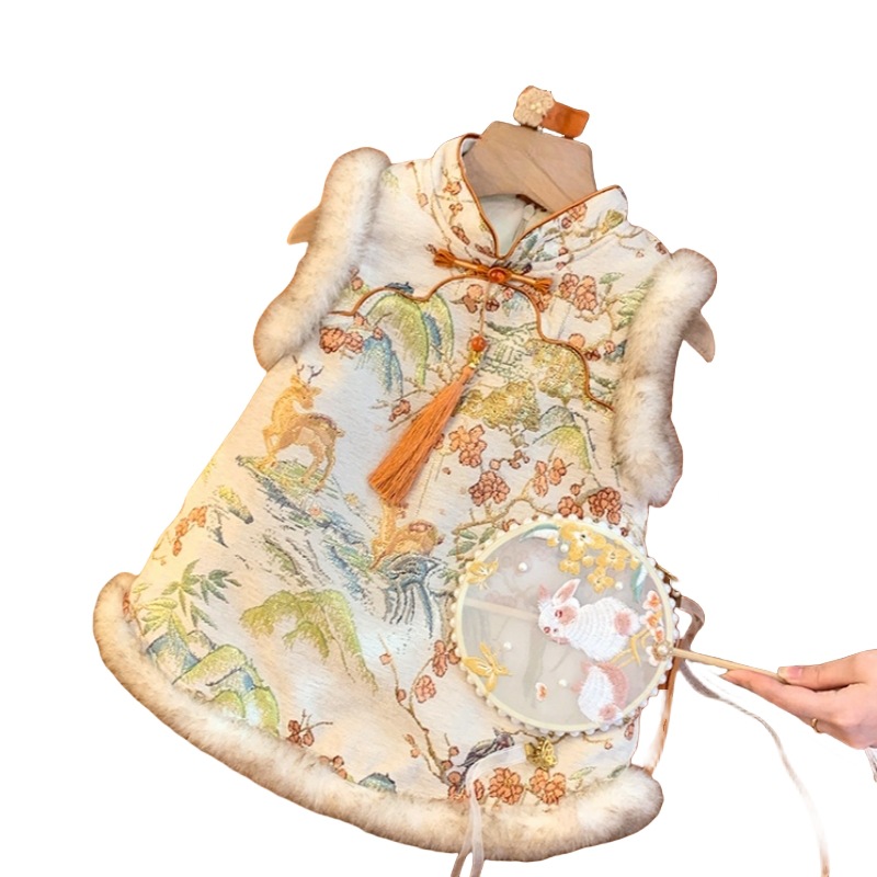 [Spot] Niñas más falda de chaleco de terciopelo, falda cheongsam, nuevo vestido coreano de un año, falda de año nuevo para niños y niñas image 5