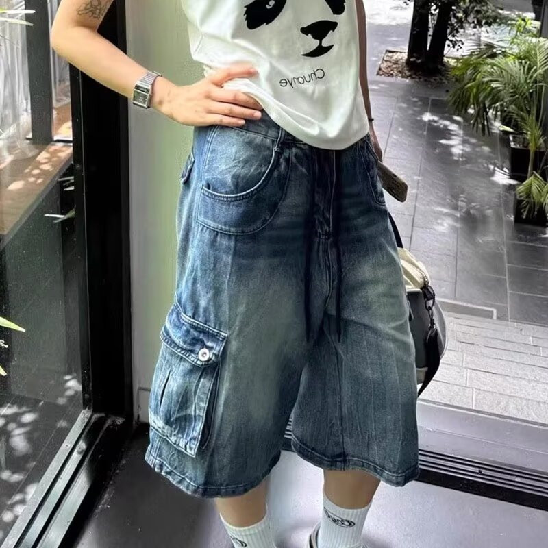 日系原宿新款美式水洗宽松多口袋牛仔七分裤男气质潮流简约无品牌