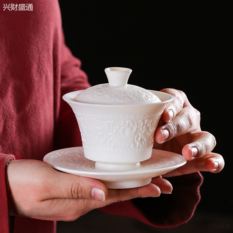 德化白瓷功夫茶具三才盖碗敬茶纯手工泡茶壶陶瓷大小号德化陶