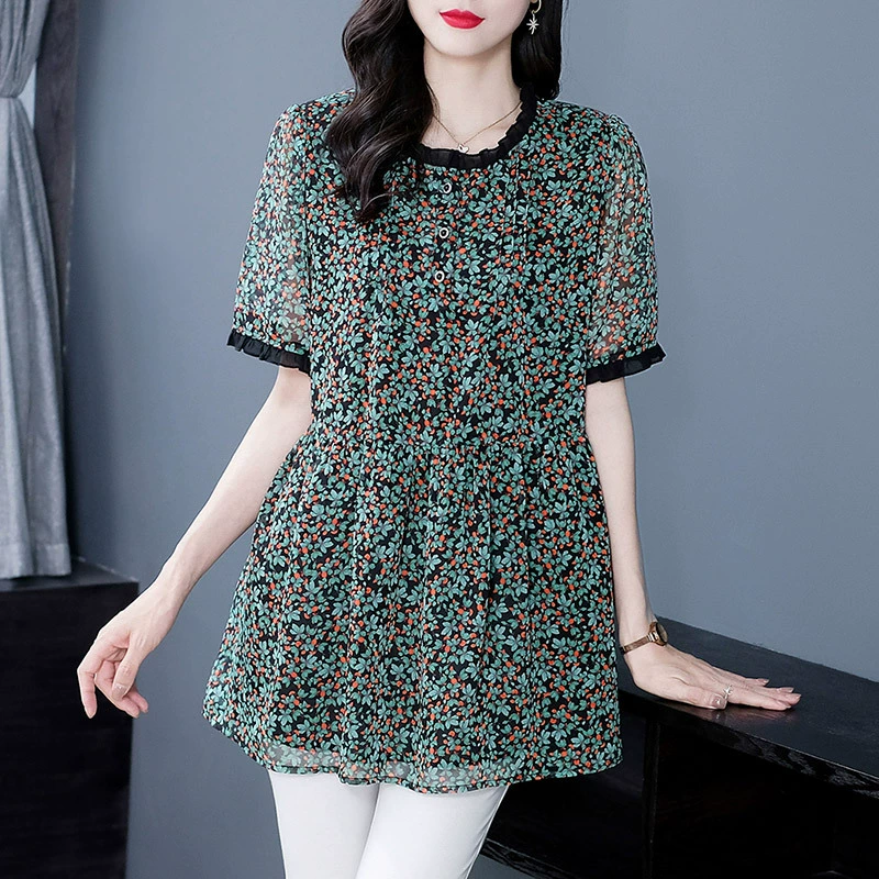 Летняя Свободная шифоновая рубашка с деревянными ушками больших размеров, женская верхняя темперамент, универсальная женская одежда среднего и пожилого возраста