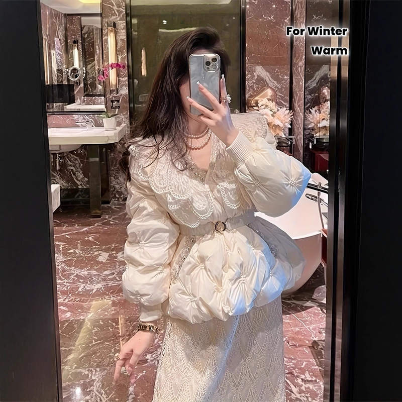 Winter New Korean Style Sweet Heavy-Duty Rhinestone Lace Doll Collar Waist-Cinching Slimming Warm down Cotton Jacket Winter New Korean Style Sweet Heavy-Duty Rhinestone Lace Doll Collar Waist-Cinching Slimming Warm down Cotton Jacket