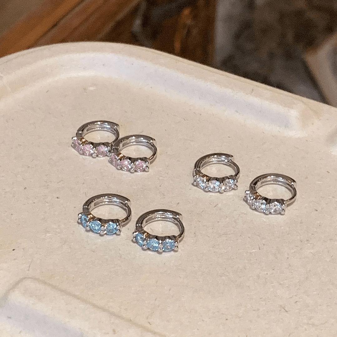 White, blue and pink set zircon earrings-e6558 silver