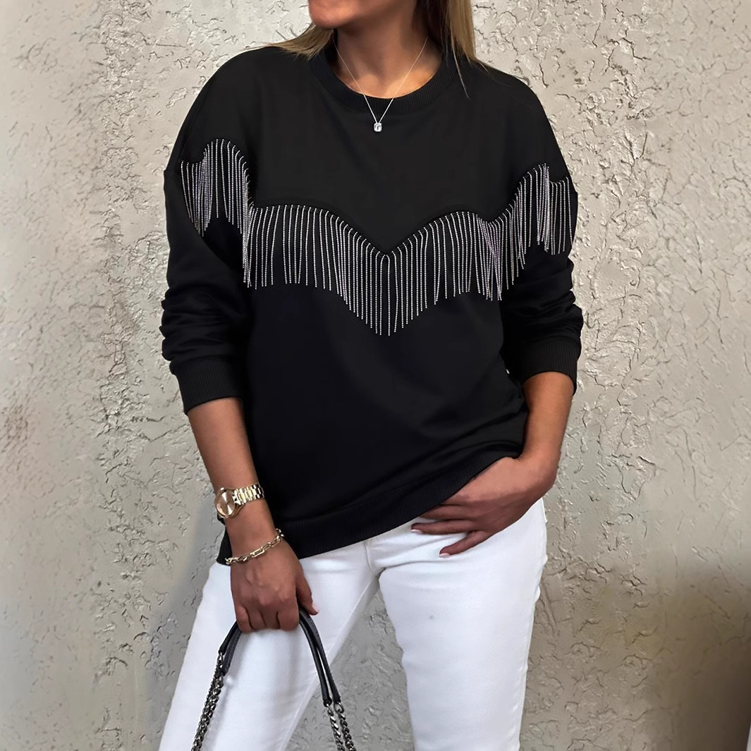 Women's Elegant Basic Long Sleeve Tops With Fringe Detail, Round Neck Pullover For Casual Daily Wear_ecoleips.com