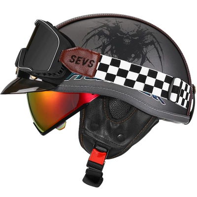 Motosiklet kaskı (dəbilqə) — Retro Motorcycle Helmet Leather Helmet for - sub-grey-demon-hunter-aurora-red-mirror-mig-large-frame-goggles-m