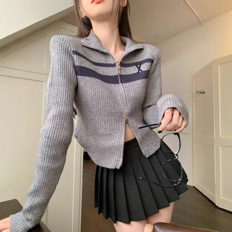 设计感复古撞色双拉链POLO领针织衫女秋冬季休闲显短款瘦毛衣开衫|undefined