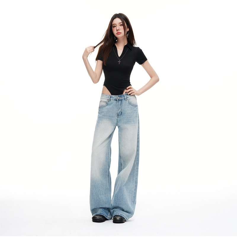 American-Style Whiskered Washed Mid-Waist Wide-Leg Jeans for Women, 2026 Summer New Straight Loose Slimming Floor-Length Pants