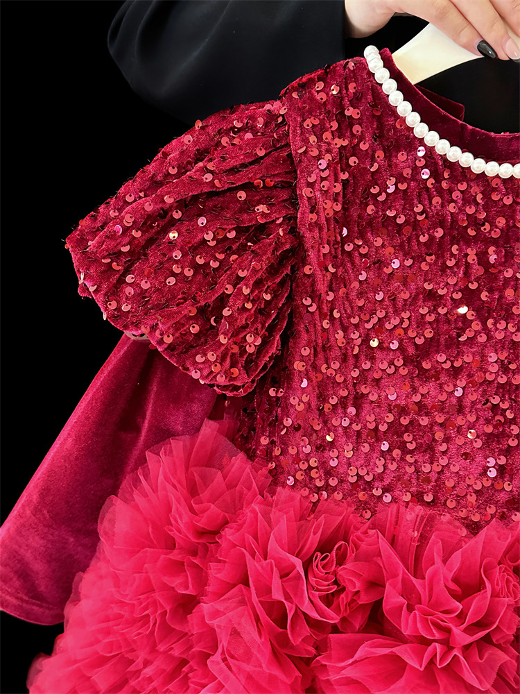 Abbigliamento per bambini Capodanno Natale Autunno e inverno Ragazze Gonna rossa con paillettes Abito di alta qualità Fiocco Fiore Ragazza Temperamento Tutu Gonna a ruota_voghion.com