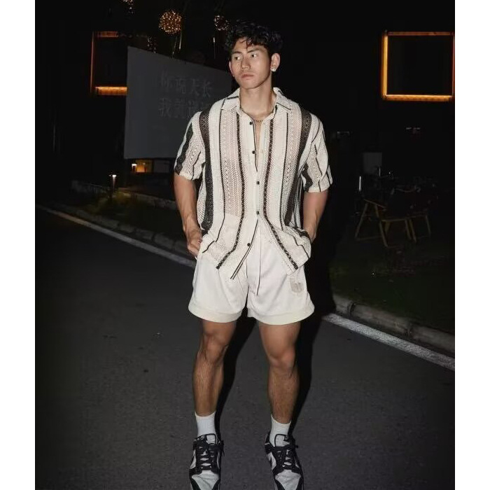 POLO camisa solapa suéter de manga corta cardigan de hombre rayas huecas chaqueta retro camiseta comercio exterior al por mayor transfronterizo de moda