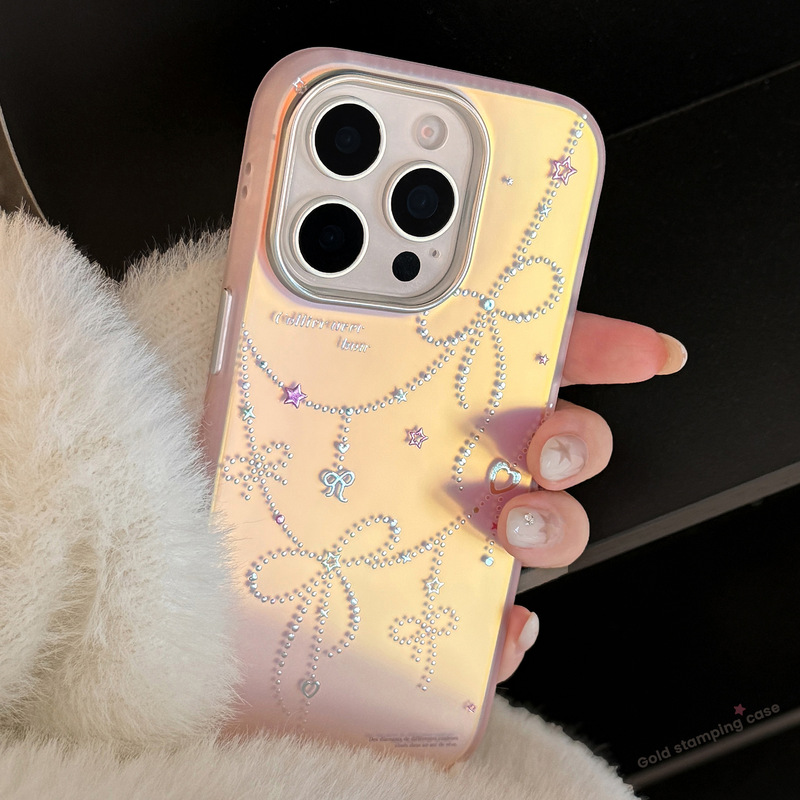 Gilt Princess Style Suitable for Iphone17 Mobile Phone Case 15 Pink Laser Bow 16 Promax Anti-Fall 13 Hard