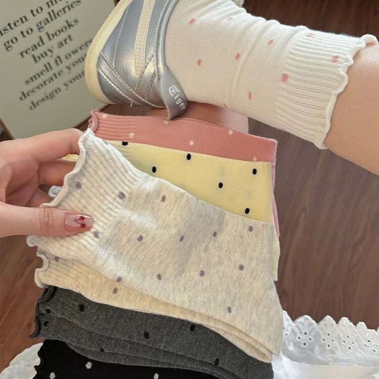 Ruffled Polka Dot Socks for Women, Mid-Calf Length, Trendy Cotton Socks, Spring and Autumn Japanese Style Ballet Versatile Long Socks for Summer
