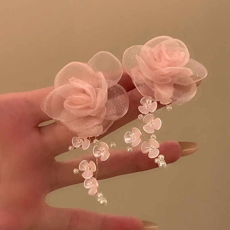 Pendientes de borla de cristal de hilo de malla de pétalo de aguja de plata Pendientes de estilo de vacaciones de playa dulce rosa Pendientes de moda de temperamento Mujer