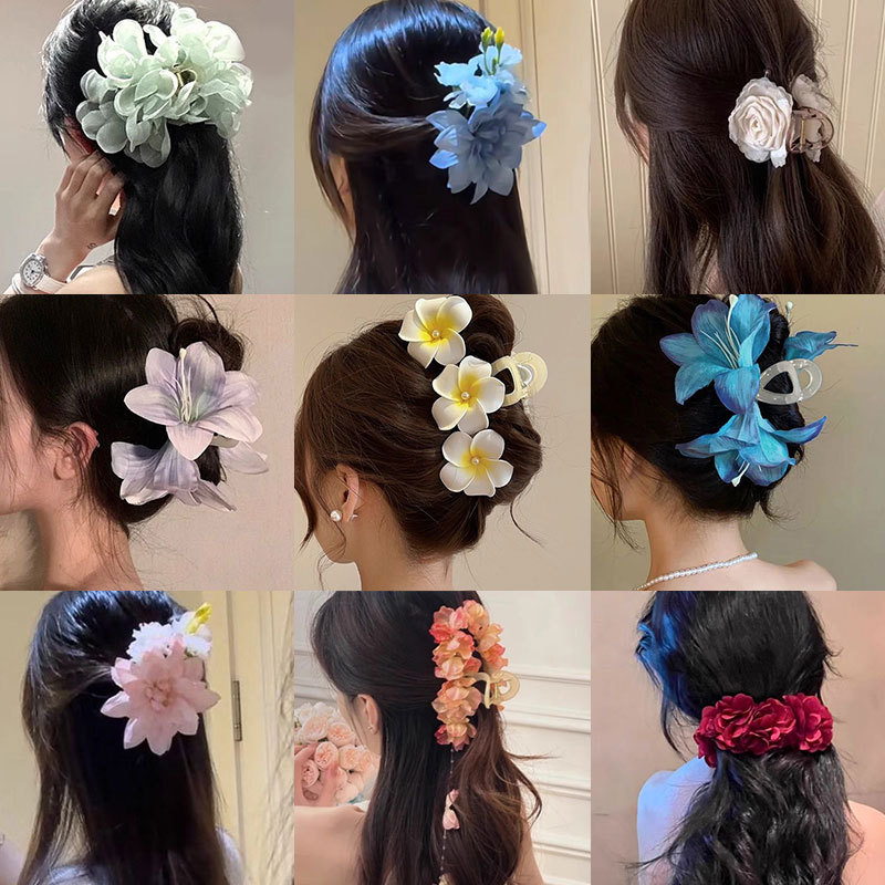 Pinza para el cabello de flor rosa para mujer 2025 nuevo clip de agarre para el cabello con placa posterior de la cabeza grande clip de tiburón de flor para la cabeza horquilla