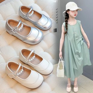 Girls Princess Shoes 2025 Spring and Autumn New Children's silver Leather Shoes Soft Bottom Bean Shoes Girls Mary Jane Shoes Trendy