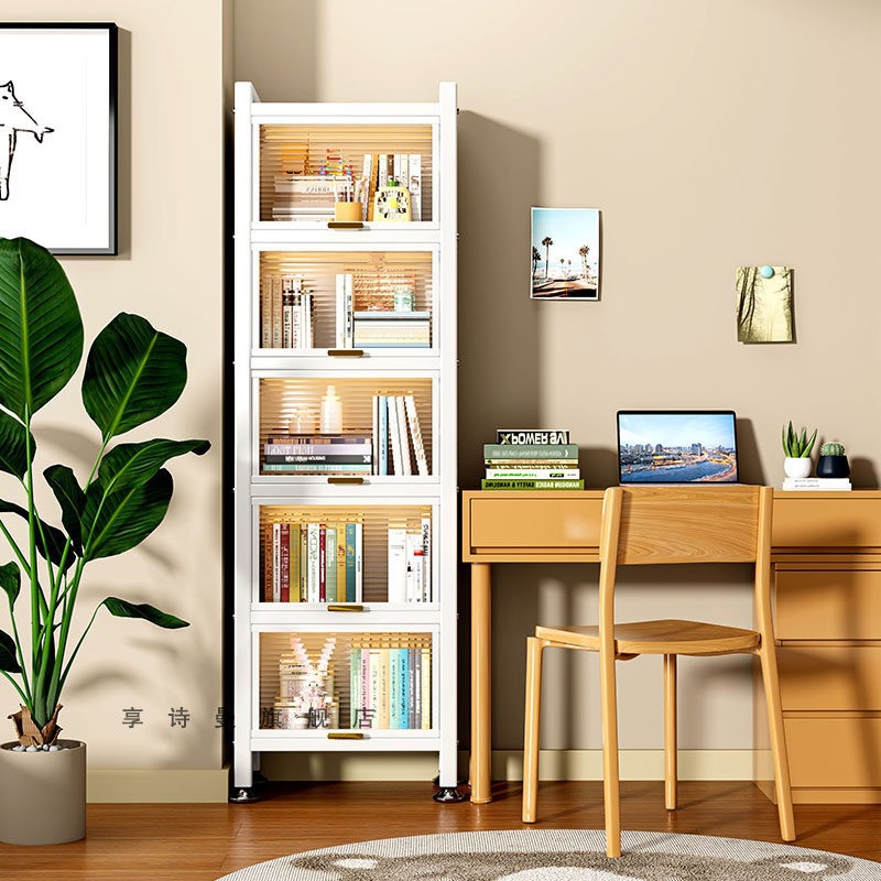 Steel Dust-Proof Bookcase, Narrow Bookshelf, Living Room Standing Cabinet with Doors, Storage Cabinet, Bedroom Narrow Cabinet, Movable Storage Cabinet