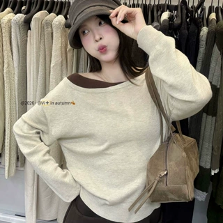 品质针织衫女装秋冬新款毛衣套头露肩百搭上衣韩系假两件撞色长袖