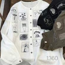 小众设计感趣味图案长袖衬衫女25早秋新款时尚减龄小衫汉麻上衣