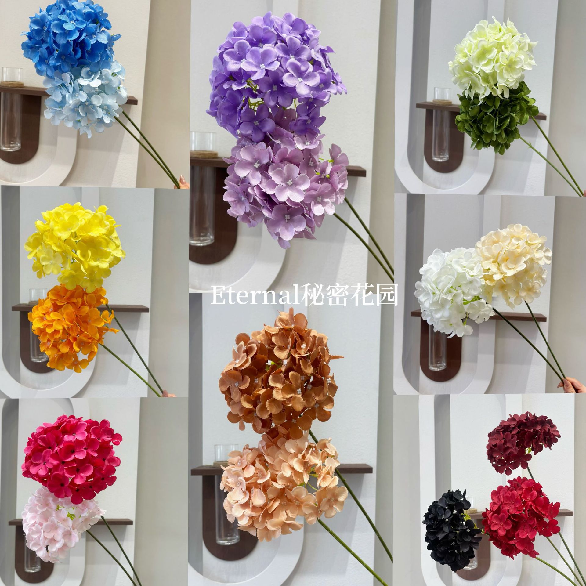Flores de simulación de hortenida de una sola ramita grande de hortenida pipita de flores de pared de flores de filas de flores que guían el salón de bodas de flores al por mayor de bodas transfronterizas