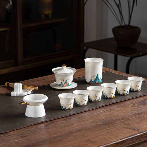 Tea cup, cover and bowl set, ceramic tea set, Chinese style high-end mutton fat jade white porcelain, home tea making gift box for entertaining guests
