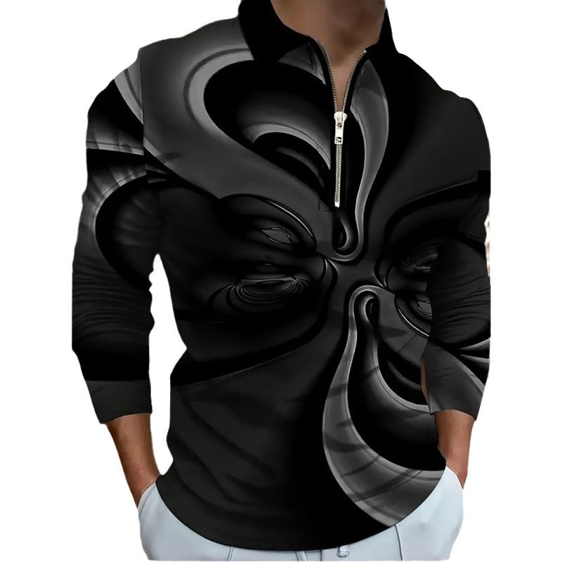Venta caliente transfronteriza europea y americana estampada en 3D para hombres de la calle todo fósforo manga larga suelta cremallera transpirable camisa POLO solapa