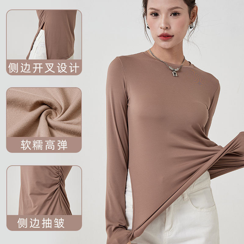 Primavera y verano nueva yoga de doble capa nube camisa suave de las mujeres cuello redondo dividido apretado deportes fitness superior desgaste exterior camisa de fondo