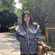 实拍~新款韩系甜美减龄重工花边娃娃领格子口袋棉衣外套女装冬季