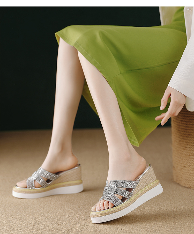 Sandal cao gót nữ hở mũi đính đá pha lê quai ngang đế xuồng — Champagne màu, bạc chi tiết 5