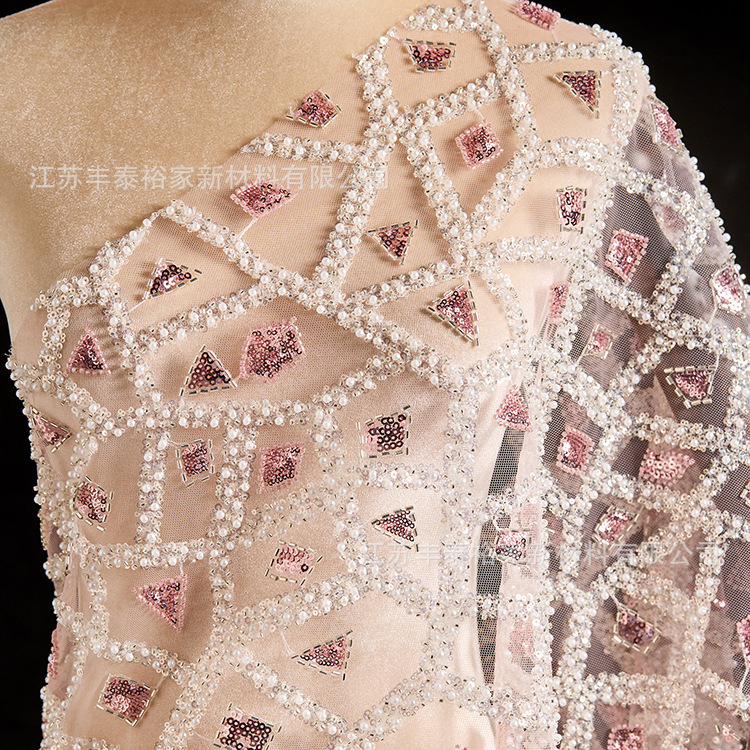 Sequinilla, cuentas bordadas rosadas, cuentas bordadas tridimensionales, tela bordada, cuentas bordadas, vestido de boda de moda