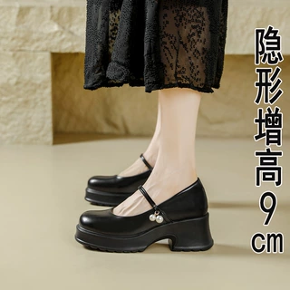 玛丽珍鞋女夏季内增高圆头厚底珍珠浅口粗跟单鞋小皮鞋女小码3233