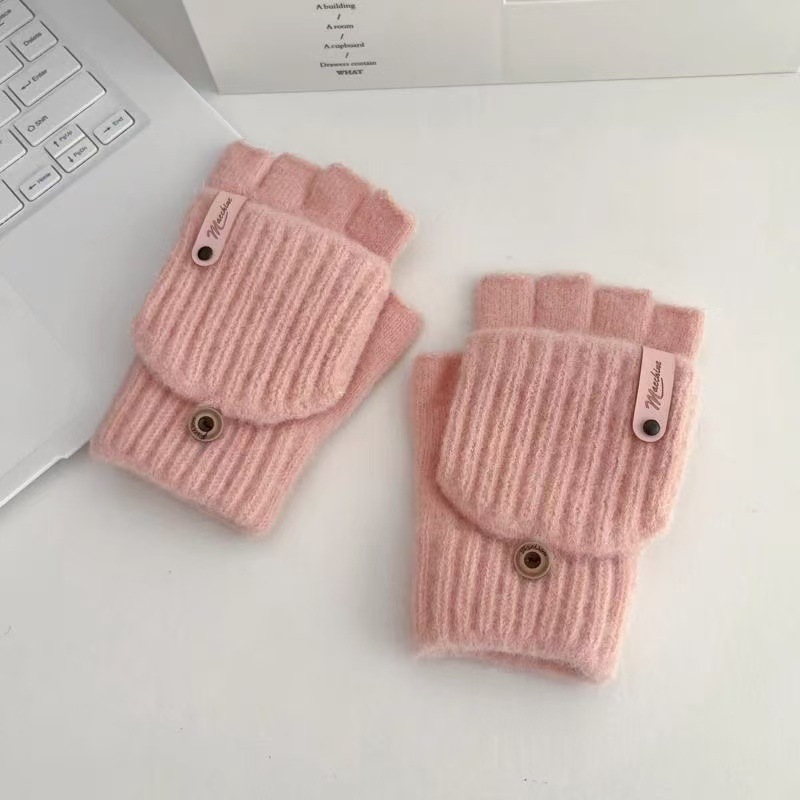毛绒翻盖手套女露半指学生写字保暖加厚秋冬季针织防寒骑行可触屏|undefined