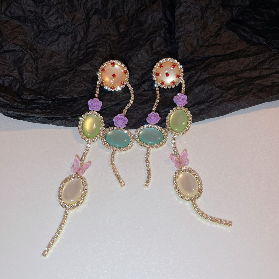 Fashion Flower Bow Knot natural stone Moonstone Inlay Rhinestones Drop Earrings 1 Pair