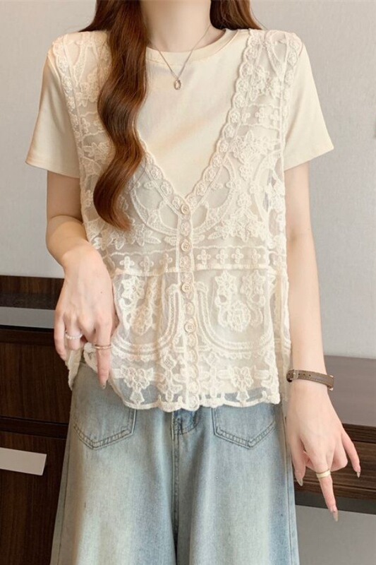 Short-Sleeved Sweet and Cute Style Fashionable Clothes for Women, Plus Size Women's Clothing That Covers the Belly and Makes You Look Slimmer, Design Lace Suits for Women