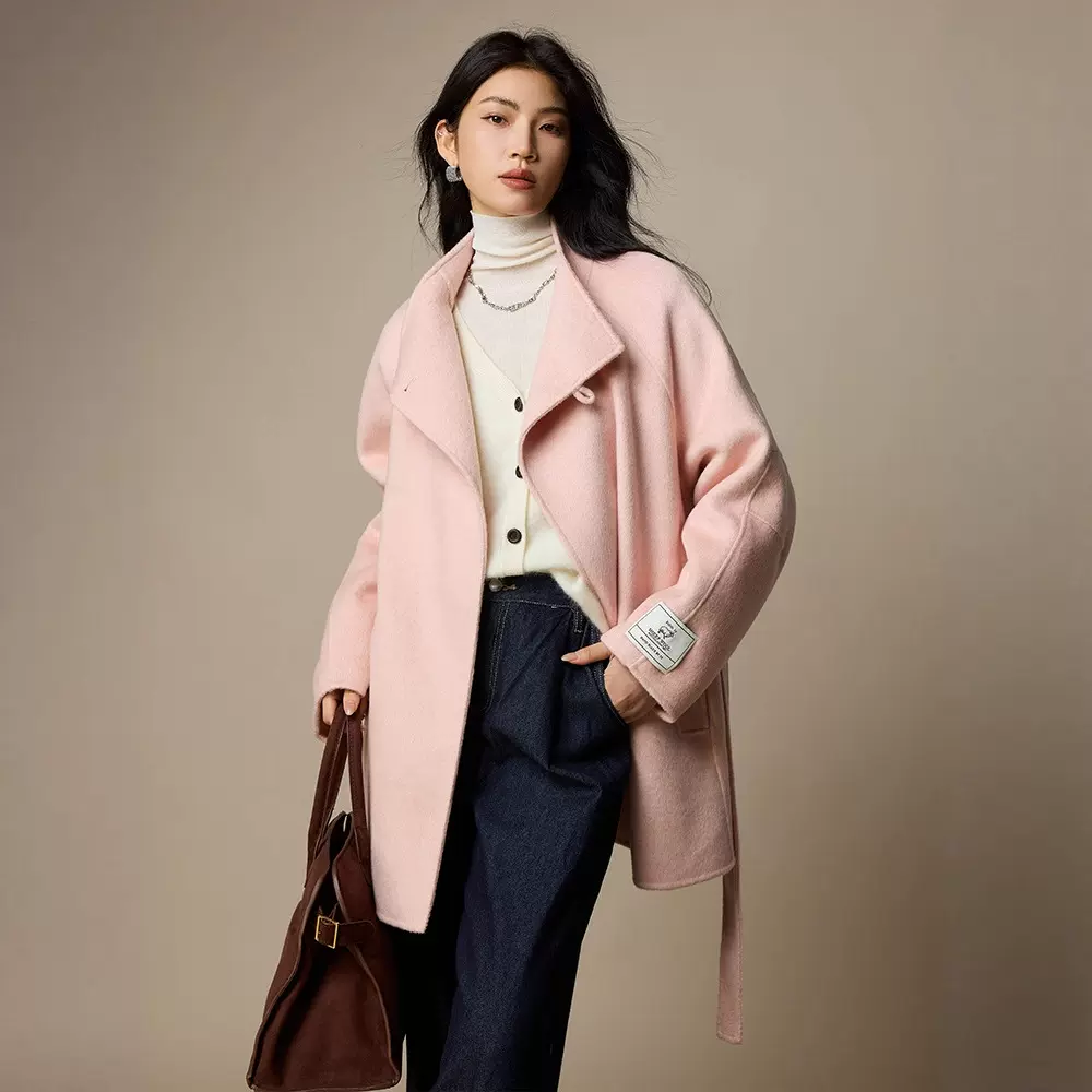 设计感双面呢羊毛大衣女秋冬毛呢外套2025新款女装中长款系带呢子