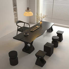 C侘寂风亚克力大板茶桌 碳化黑实木自然边功夫桌茶几会客桌泡茶台