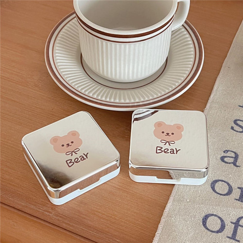 Cute cartoon electroplated mirror bear contact lens box with tweezers portable contact lens box cleaning box companion box