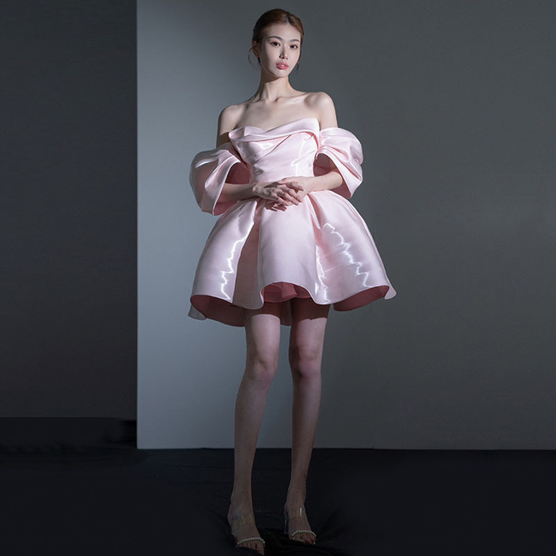 French Style Light Luxury Evening Dress European and American Design Sense Elegant Short Banquet Birthday Party Off-shoulder Pink Princess Dress