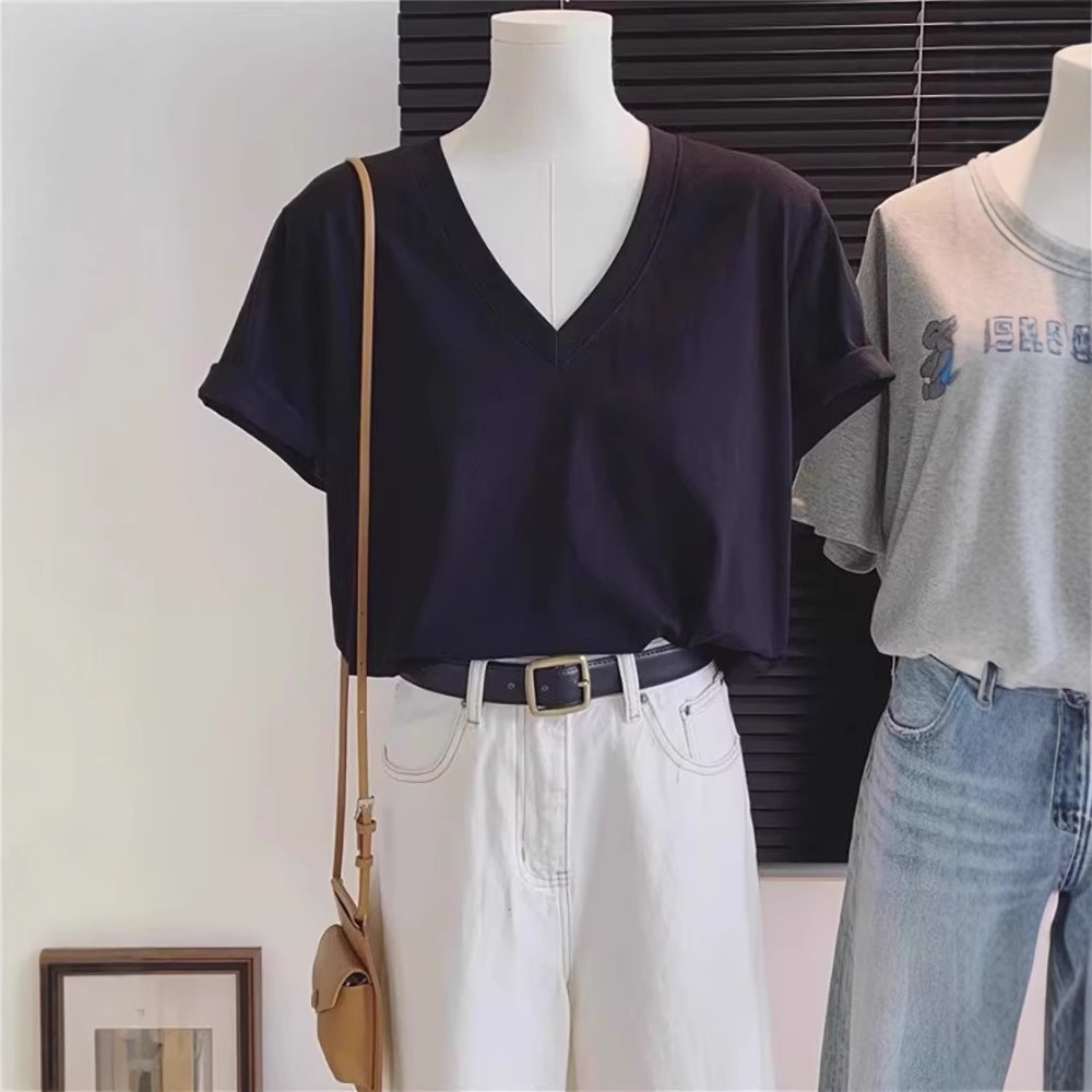 White Front Shoulder Short-sleeved Women's T-shirt Summer 2025 New Top Popular Fat MM Large Size Korean Version Loose V-neck Bottoming Shirt_ecoleips.com