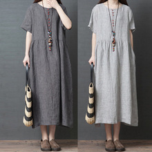 韩版宽松时尚条纹棉麻圆领短袖连衣裙女装中长款裙子2025夏季新款