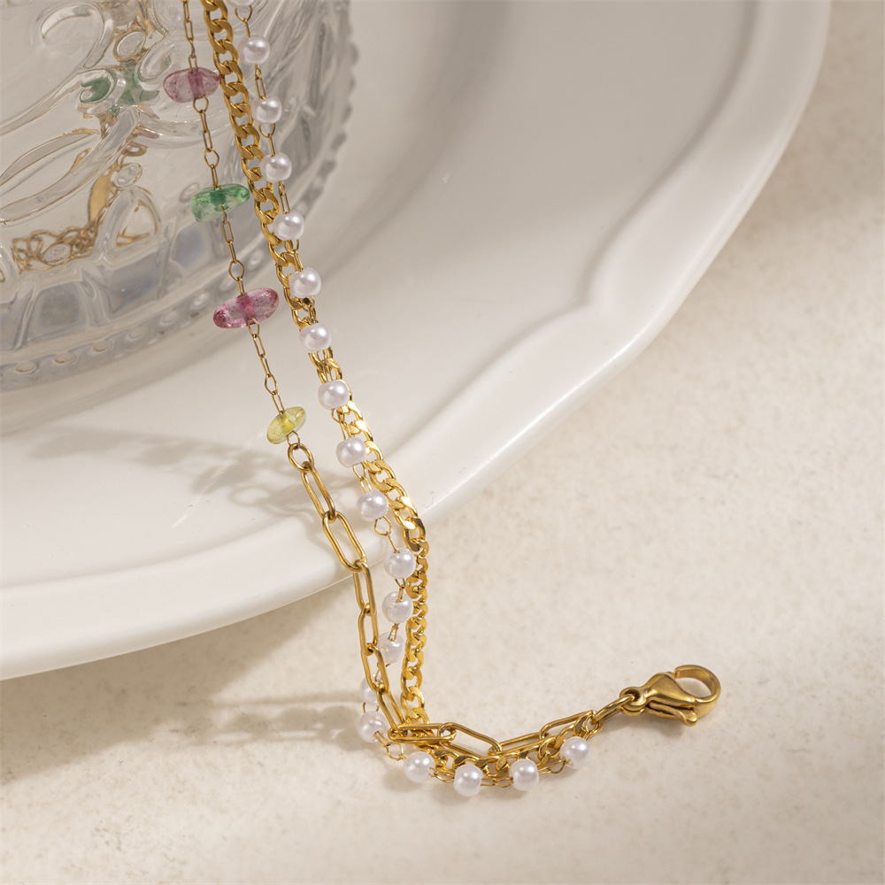 Tena Pulsera de acero inoxidable europea y americana Pulsera de perlas de piedra natural de alta calidad de lujo ligero, joyería de acero de titanio, estilo explosivo transfronterizo
