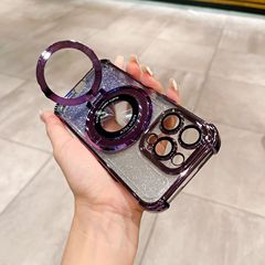 適用iPhone15電鍍四角太空殼磁吸支架手機殼蘋果14漸變漏標保護套