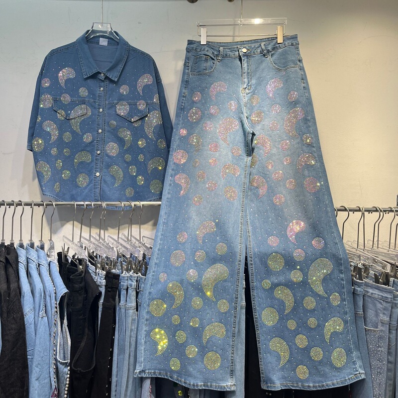 Amazon Aliexpress Women's Denim Shirt Top Fashion Heavy Industry Symbol Design Rhinestone Jeans Set