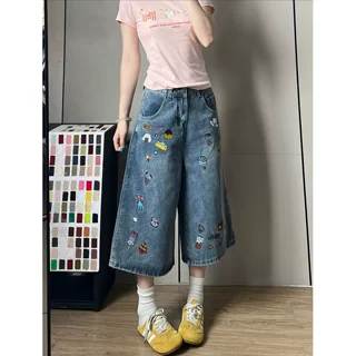 设计感卡通刺绣牛仔短裤女夏季2026新款高腰显瘦宽松直筒七分裤子