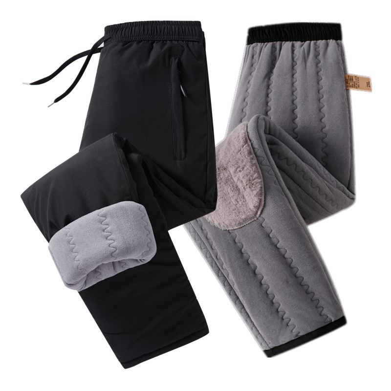 New winter men's fleece-lined, thickened, solid color warm cotton pants, plus size, loose fit, winter knee pads for middle-aged and elderly people, faux rabbit fur.