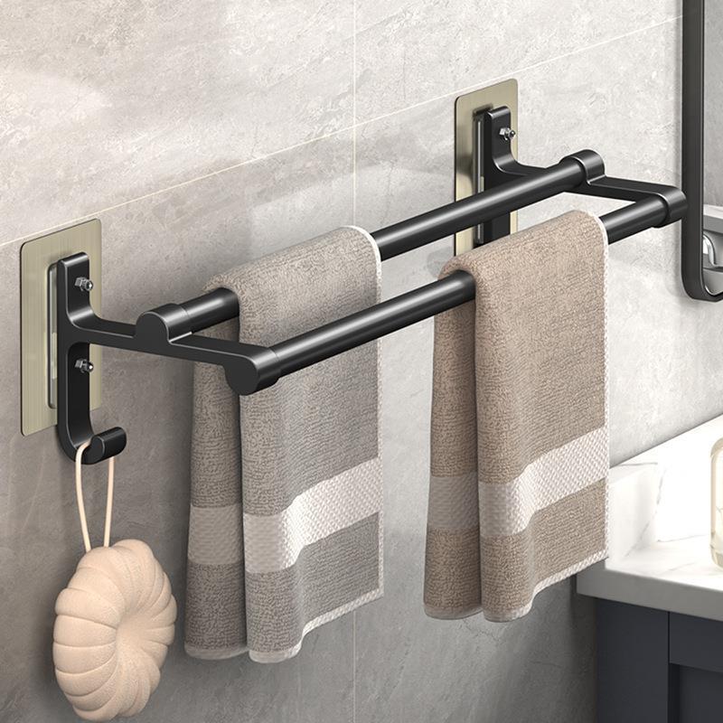 Aluminum Alloy Towel Bar Double Rod Bathroom Towel Rack Bathroom Hardware Accessory Punch-Free Adhesive Mount