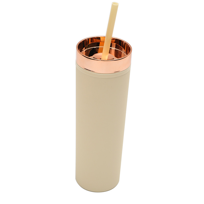 Transfronterizo Amazon Spot 16OZ Taza de paja recta Taza de plástico de doble capa con tapa de oro rosa Taza de agua de pintura de goma esmerilada