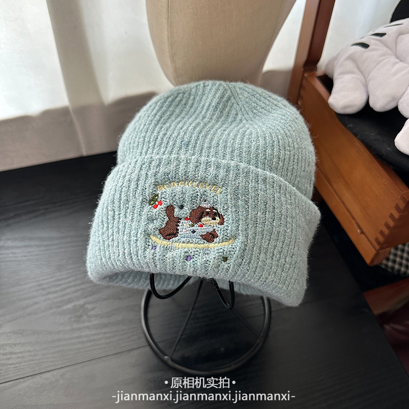卡通可爱刺绣滑板小狗针织帽子女秋冬季保暖百搭慵懒显脸小包头帽|undefined